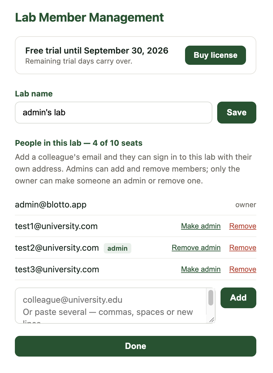 Blotto's Lab Member Management screen: the subscription status, the lab name, and each member's email with options to make them an admin or remove them