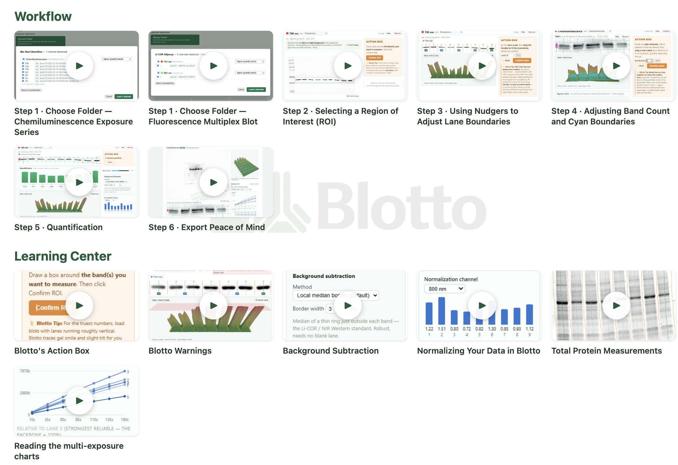 Blotto's in-app training videos: one for each workflow step, plus a learning center on background subtraction, normalization, total protein, and multi-exposure series